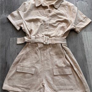 Misguided Belted Short Sleeve Romper in Light Beige